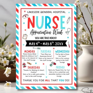 Nurse Appreciation Week Itinerary Template, National Nurses Week Events Schedule Flyer, Medical Nurses Thank You Flyer, Thank You Nurses
