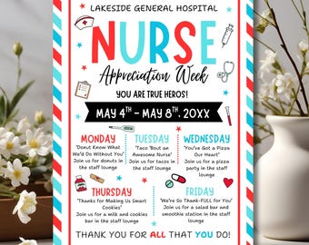 Nurse Appreciation Week Itinerary Template, National Nurses Week Events Schedule Flyer, Medical Nurses Thank You Flyer, Thank You Nurses