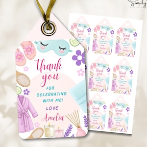 May include: A spa-themed gift tag with a gold ribbon, featuring illustrations of spa items like a robe, slippers, and eye mask. The tag says "Thank you for celebrating with me! Love Amelia."