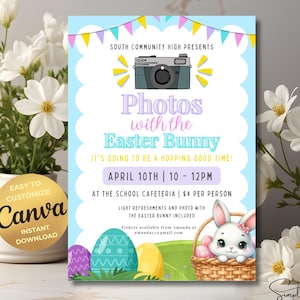 Photos with the Easter Bunny Flyer Template PTO Easter School Fundraising Flyer PTA Spring Easter Markets Flyer Easter Egg Hunt Canva Edit