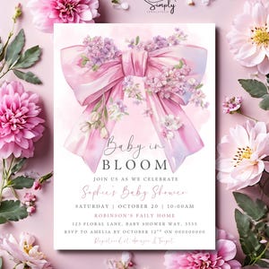 Baby in Bloom Invitation Bow Baby Shower Invite Girl Pink Floral Invite Printable Baby in Bloom Shower Coquette Pink Bow Canva Template