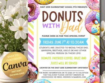 Donuts With Dad School Fundraiser Editable Invitation Breakfast With Dad Fathers Day Invite Donut School Fundraiser PTO PTA Donuts for Dad