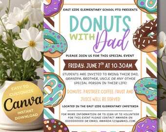 Donuts With Dad Flyer Template Editable School Father&#39;s Day Celebration Invite PTO PTA School Father&#39;s Day Brunch Donut Event Canva