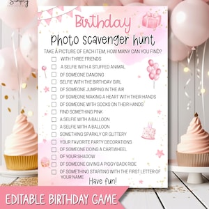 Editable Birthday Photo Scavenger Hunt For Kids Teens Tweens Printable Birthday Girl Party Games Pink Fun Birthday Photo Game Canva Template