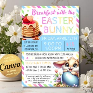 Pancake Breakfast With The Easter Bunny Flyer, Easter Egg Hunt Easter Invitation Spring Event School Church Community PTO PTA Photos Easter