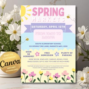 Spring Market Flyer Editable Template, Easter Festival, Spring School Markets, Spring Church Fundraiser, Spring Flower Markets Flyer, Canva