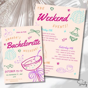 Bunter Bachelorette Wochenendreiseplan, Hand gezeichnete Junggesellinnenparty einladen, Kokette Hennen machen Party-Einladung, Canva-Vorlage