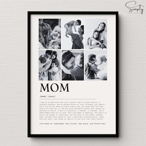 May include: Black framed print featuring a collage of six black and white photos of mothers and children. The word "MOM" is printed in large, bold letters below the photos, with a definition below.