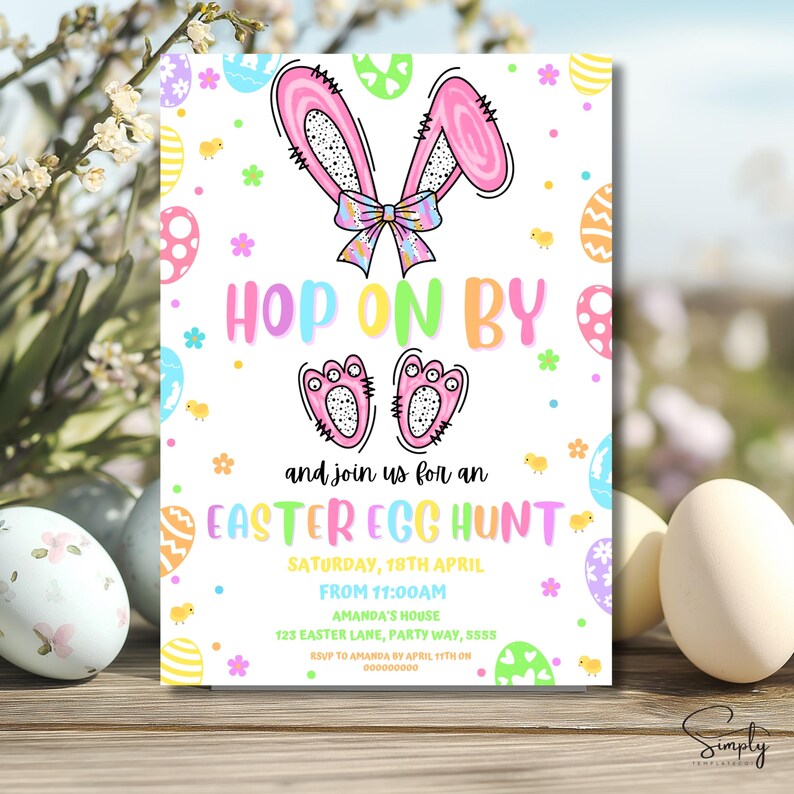 Easter Egg Hunt Invite Template | Hop on by Party Invite | Easter Party ...