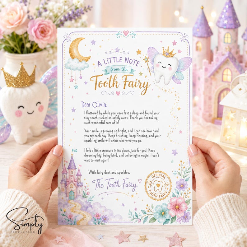 Peut inclure: Une lettre imprim&eacute;e intitul&eacute;e A Little Note from the Tooth Fairy, illustr&eacute;e avec une dent ail&eacute;e couronn&eacute;e, un croissant de lune, un ch&acirc;teau et des fleurs. Le texte s'adresse &agrave; Olivia et comporte un sceau dor&eacute; avec une ic&ocirc;ne de dent.