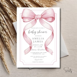 May include: Pink baby shower invitation with a watercolor bow and the text "Please join us for a baby shower honoring Amelia James March 20th at 11:00 AM Jamess Residence 121 Pink Bow Lane, Baby Shower Way, 5555 RSVP to Amanda by March (TIE ON) Registered at TARGET & AMAZON"