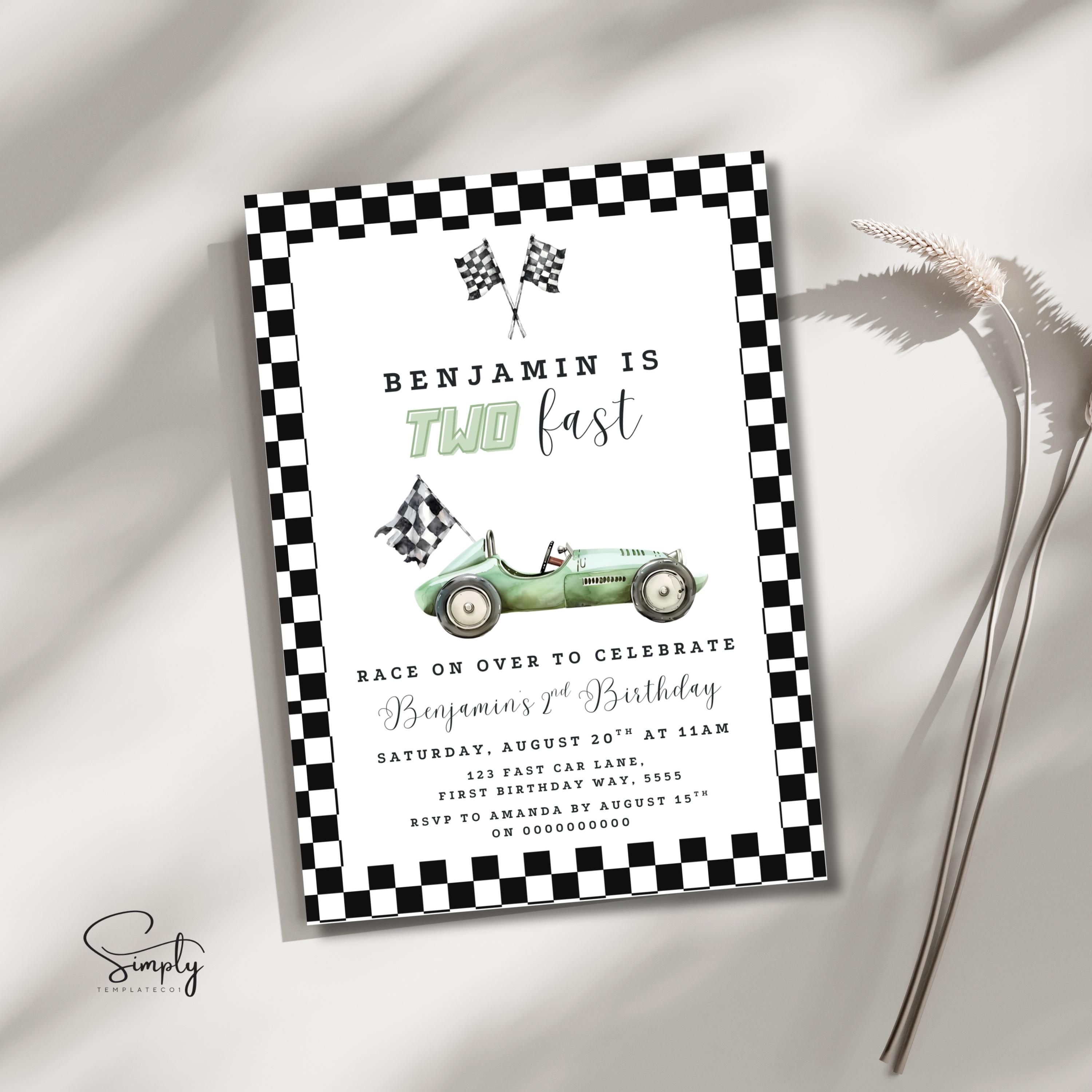 Editable TWO FAST Birthday Invitation, Race Car Birthday, Boy 2nd Birthday, Race Car Party, Racing Car Invite, Vintage car, Any Age Invite