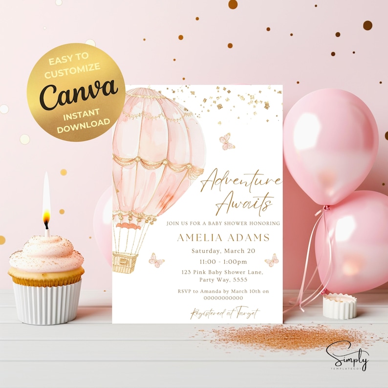 May include: A pink and gold baby shower invitation featuring a hot air balloon illustration and the text "Adventure Awaits". The invitation includes the name Amelia Adams, the date and time of the shower, and the address. RSVP information and registry details are also included.