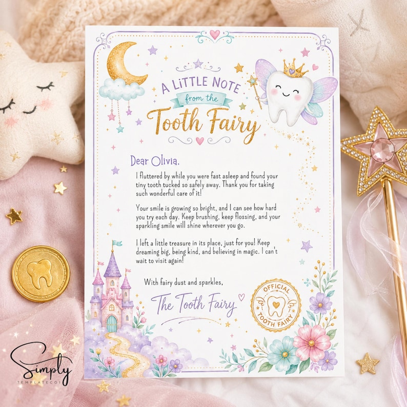 Peut inclure: Une carte rectangulaire intitul&eacute;e A Little Note from the Tooth Fairy avec un croissant de lune dor&eacute;, une dent souriante ail&eacute;e couronn&eacute;e, un ch&acirc;teau rose et des fleurs. Le texte s'adresse &agrave; Olivia avec un message concernant les dents.