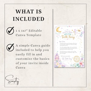 Peut inclure: Un mod&egrave;le Canva modifiable de 12,7 x 17,8 cm pr&eacute;sentant une lettre de la Petite Souris. Le design inclut une dent dessin&eacute;e avec des ailes et une couronne, un croissant de lune, un ch&acirc;teau et des fleurs. Le texte indique A Little Note from the Tooth Fairy.