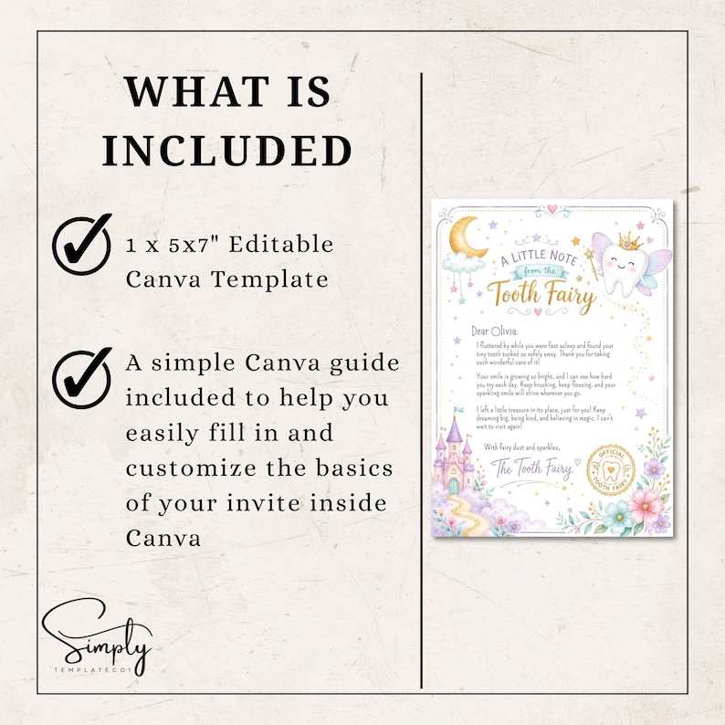 Peut inclure: Un mod&egrave;le Canva modifiable de 12,7 x 17,8 cm pr&eacute;sentant une lettre de la Petite Souris. Le design inclut une dent dessin&eacute;e avec des ailes et une couronne, un croissant de lune, un ch&acirc;teau et des fleurs. Le texte indique A Little Note from the Tooth Fairy.