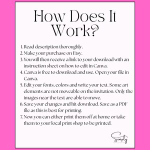 Puede incluir: Un documento blanco con el t&iacute;tulo "How Does It Work?" en escritura negra. El documento explica el proceso de compra y edici&oacute;n de una plantilla, incluyendo los pasos para compras en Etsy, edici&oacute;n en Canva y opciones de impresi&oacute;n. El documento est&aacute; sobre un fondo rosa.