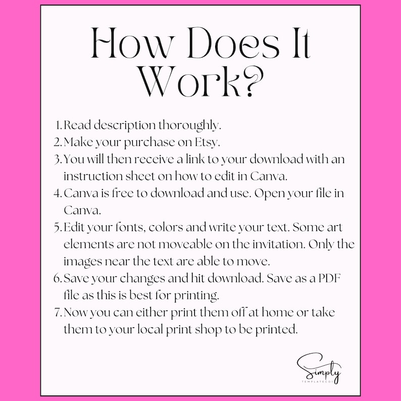 Puede incluir: Un documento blanco con el t&iacute;tulo "How Does It Work?" en escritura negra. El documento explica el proceso de compra y edici&oacute;n de una plantilla, incluyendo los pasos para compras en Etsy, edici&oacute;n en Canva y opciones de impresi&oacute;n. El documento est&aacute; sobre un fondo rosa.