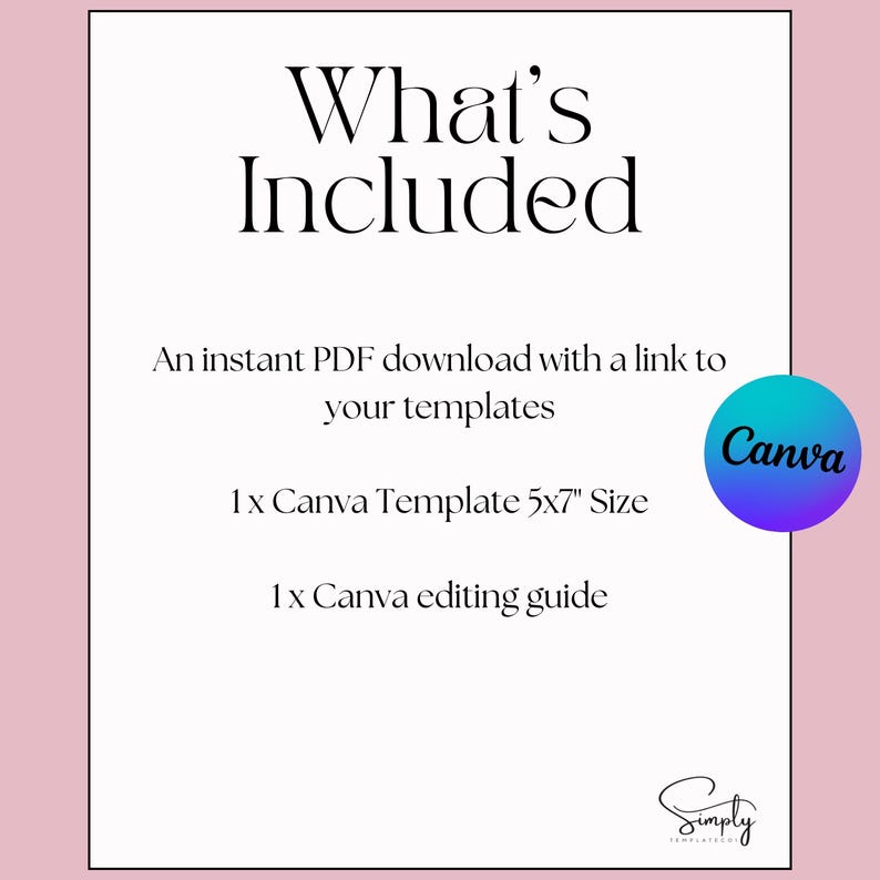 May include: A pink and white graphic with the text "What's Included" in black. The graphic lists the contents of a digital download: an instant PDF download with a link to templates, one Canva template in 5x7 inches, and one Canva editing guide. The graphic also includes the Canva logo.