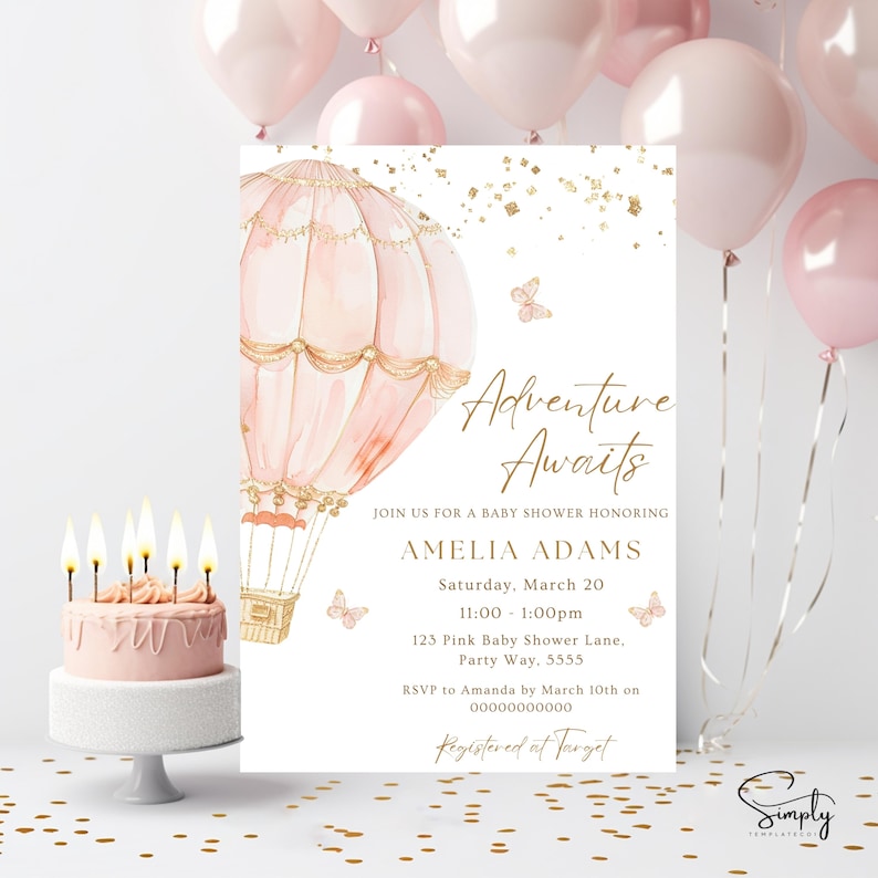 May include: Pink and gold baby shower invitation featuring a hot air balloon illustration. The text reads "Adventure Awaits" and includes the event details: Amelia Adams, Saturday, March 20, 11:00-1:00pm, 123 Pink Baby Shower Lane, Party Way, 5555. RSVP to Amanda by 10th March on 00000000000. Registered at Target.
