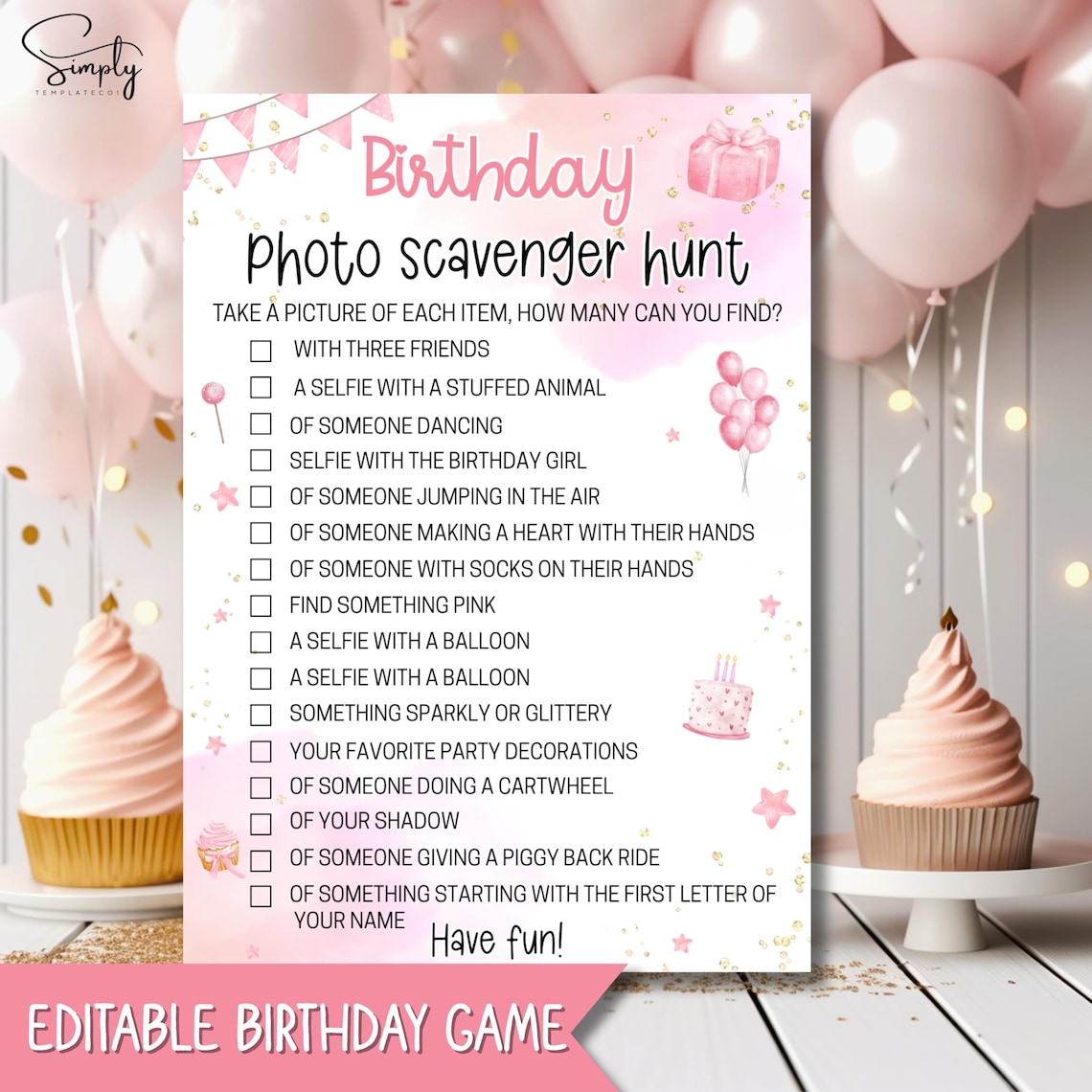 Editable Birthday Photo Scavenger Hunt for Kids Teens Tweens Printable ...