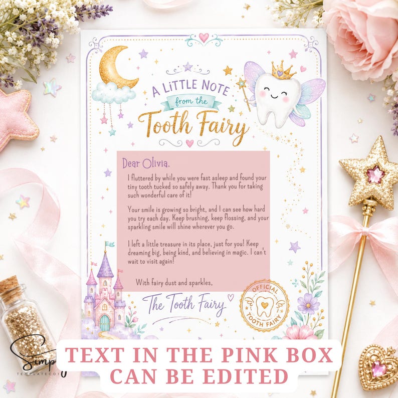 Peut inclure: Une note rectangulaire de la Petite Souris avec une dent dessin&eacute;e portant des ailes et une couronne, un croissant de lune, un ch&acirc;teau et des &eacute;toiles. Le centre contient un encadr&eacute; rose avec du texte modifiable adress&eacute; &agrave; Olivia.