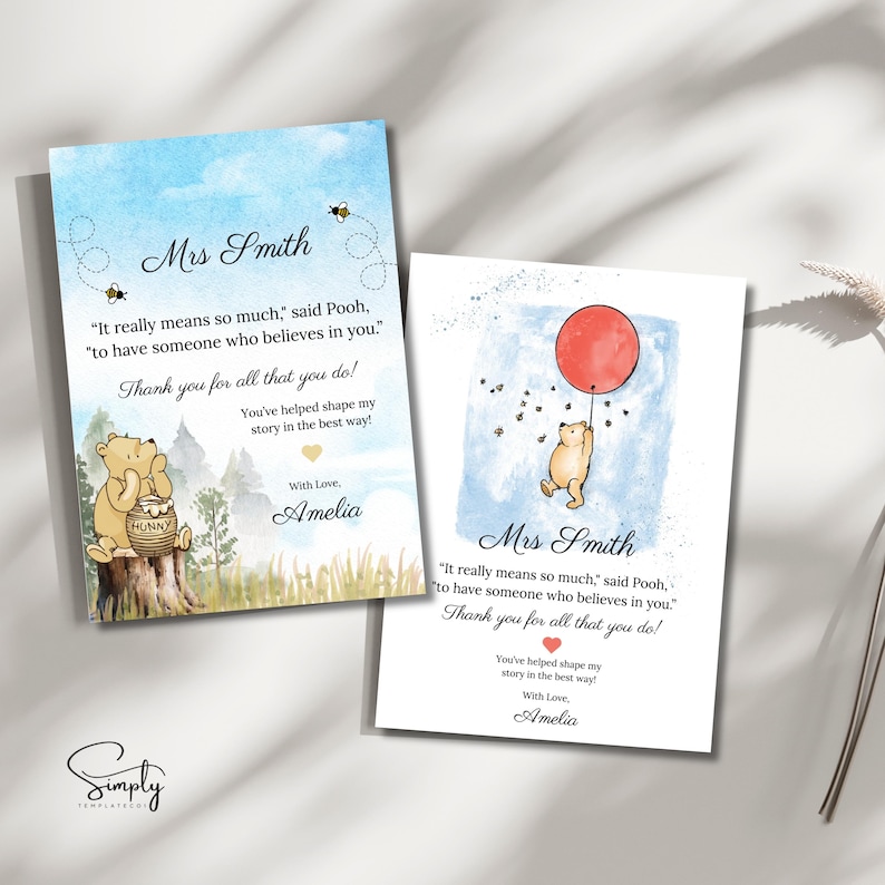 May include: Two Winnie the Pooh themed thank you cards for a teacher named Mrs. Smith. The cards feature a watercolor illustration of Winnie the Pooh with a red balloon and a quote from Winnie the Pooh. The text on the cards reads "It really means so much, said Pooh, "to have someone who believes in you." Thank you for all that you do! You've helped shape my story in the best way! With Love, Amelia"