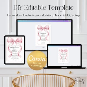 May include: A digital mockup of a pink baby shower invitation with a large pink bow. The invitation is displayed on a computer screen, a tablet, and a phone. The text on the invitation reads "baby shower Amelia James". The image also includes a gold circle with the text "Canva Easy to Customize".