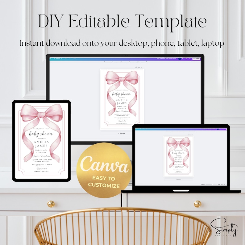 May include: A digital mockup of a pink baby shower invitation with a large pink bow. The invitation is displayed on a computer screen, a tablet, and a phone. The text on the invitation reads "baby shower Amelia James". The image also includes a gold circle with the text "Canva Easy to Customize".