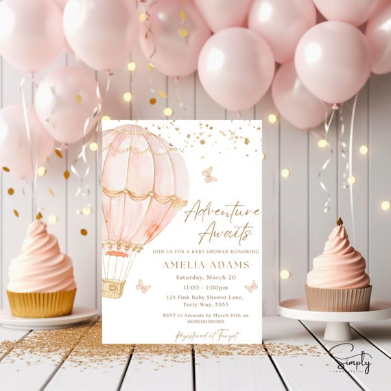 Pink Hot Air Balloon Baby Shower Invitation, Girl Baby Shower Invite, Adventure Awaits, Gold Sparkles, Pink Butterflies, Canva Template