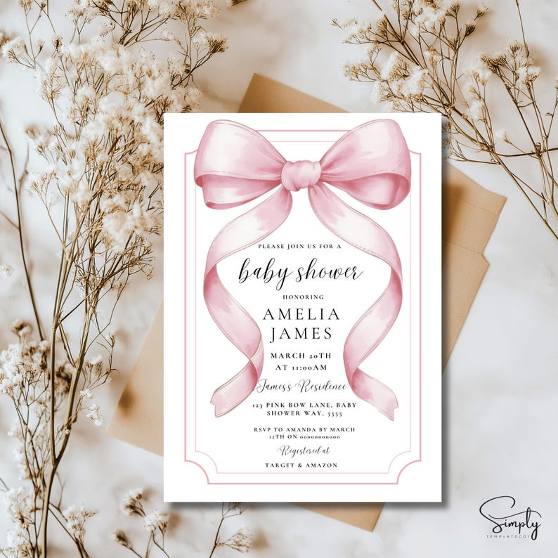 May include: A pink baby shower invitation with a large pink bow and the text "Please join us for a baby shower honoring Amelia James March 20th at 11:00am Jamess Residence Pink Bow Lane, Baby Shower Way, 5555 RSVP to Amanda by March 17th on Registered at Target & Amazon"