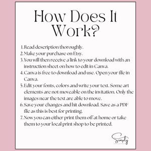 May include: A white background with black text explaining how to use a digital download. The text reads: "How Does It Work? 1. Read description thoroughly. 2. Make your purchase on Etsy. 3. You will then receive a link to your download with an instruction sheet on how to edit in Canva. 4. Canva is free to download and use. Open your file in Canva. 5. Edit your fonts, colors and write your text. Some art elements are not moveable on the invitation. Only the images near the text are able to move. 6. Save your changes and hit download. Save as a PDF file as this is best for printing. 7. Now you can either print them off at home or take them to your local print shop to be printed."