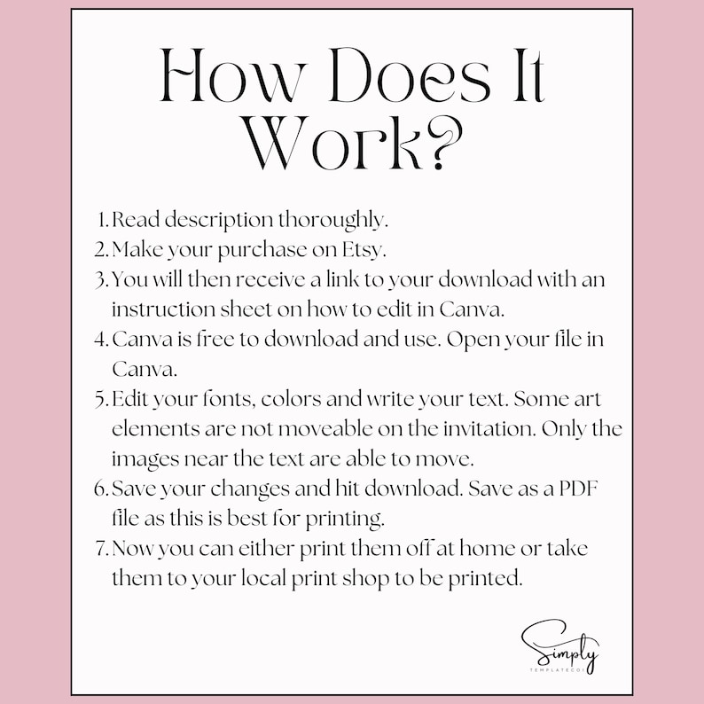 May include: A white background with black text explaining how to use a digital download. The text reads: "How Does It Work? 1. Read description thoroughly. 2. Make your purchase on Etsy. 3. You will then receive a link to your download with an instruction sheet on how to edit in Canva. 4. Canva is free to download and use. Open your file in Canva. 5. Edit your fonts, colors and write your text. Some art elements are not moveable on the invitation. Only the images near the text are able to move. 6. Save your changes and hit download. Save as a PDF file as this is best for printing. 7. Now you can either print them off at home or take them to your local print shop to be printed."