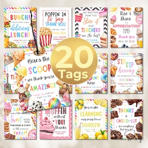 May include: A set of 20 teacher appreciation tags with diverse designs and phrases. The tags showcase colourful illustrations of food items like popcorn, ice cream, and donuts, with text such as "Thank You" and "Amazing!"