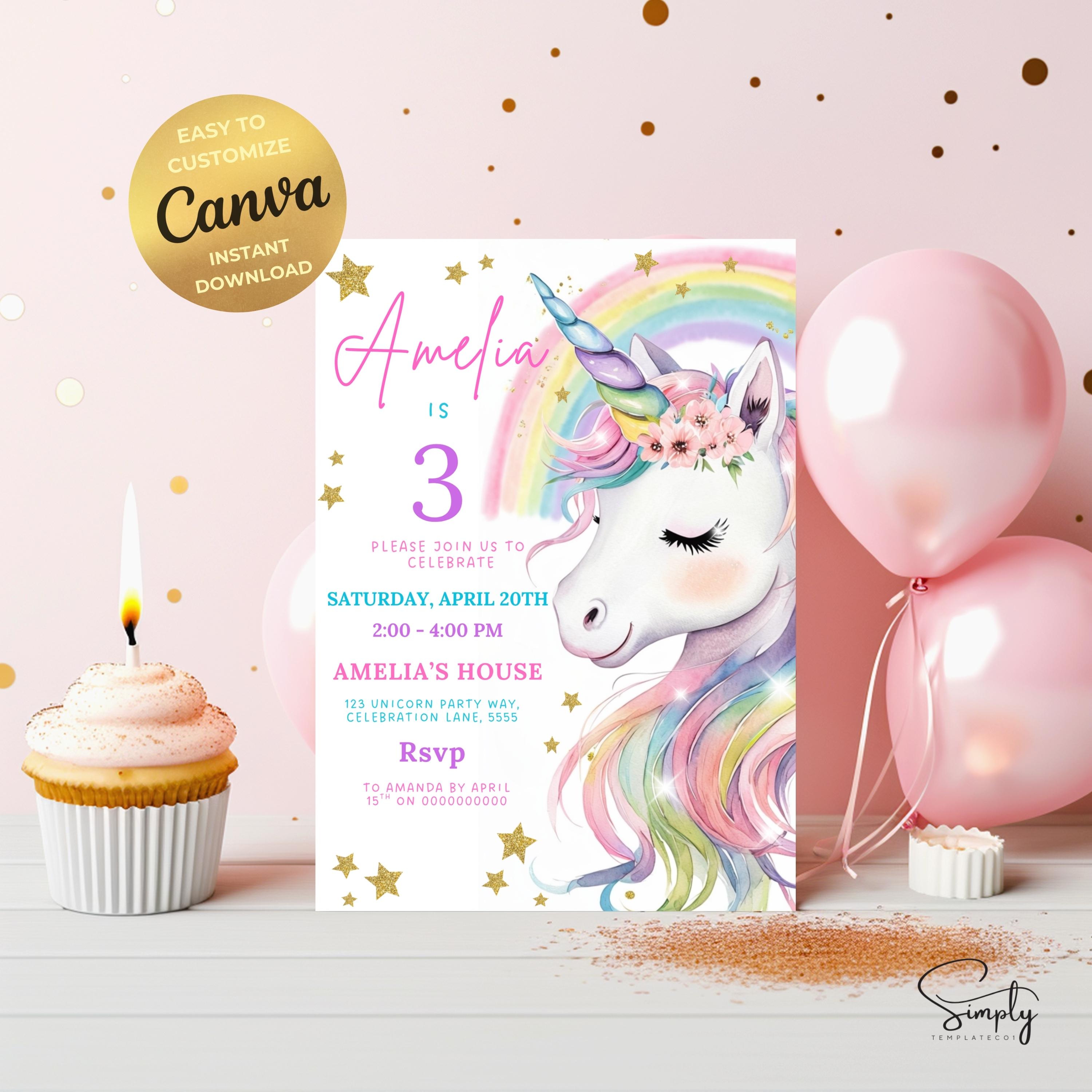 Editable Unicorn Birthday Invitation Magical Pastel Rainbow Unicorn ...