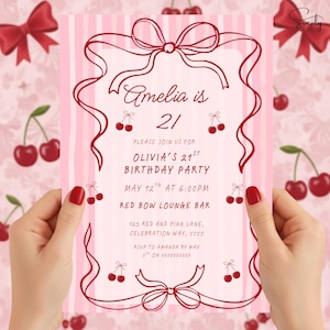 Puede incluir: Una invitación de cumpleaños a rayas rosas y blancas con detalles en rojo. La invitación dice "Amelia tiene 21 años" e invita a los invitados a la fiesta del 21 cumpleaños de Olivia en el Red Bow Lounge Bar. Cerezas y lazos decoran la invitación.