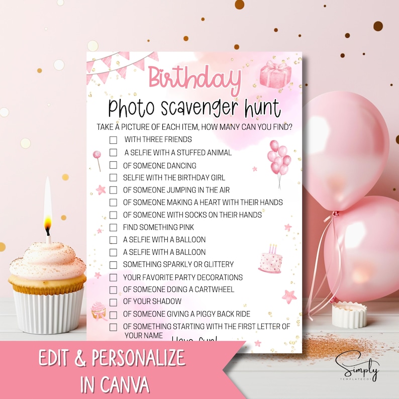 Editable Birthday Photo Scavenger Hunt for Kids Teens Tweens Printable ...