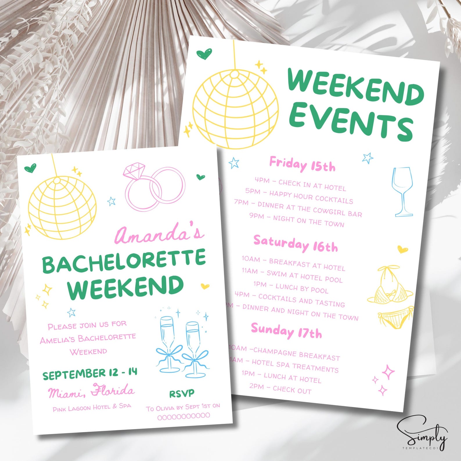 Invitations Week Colorful Bachelorette Weekend Itinerary Template, Hand Drawn ...