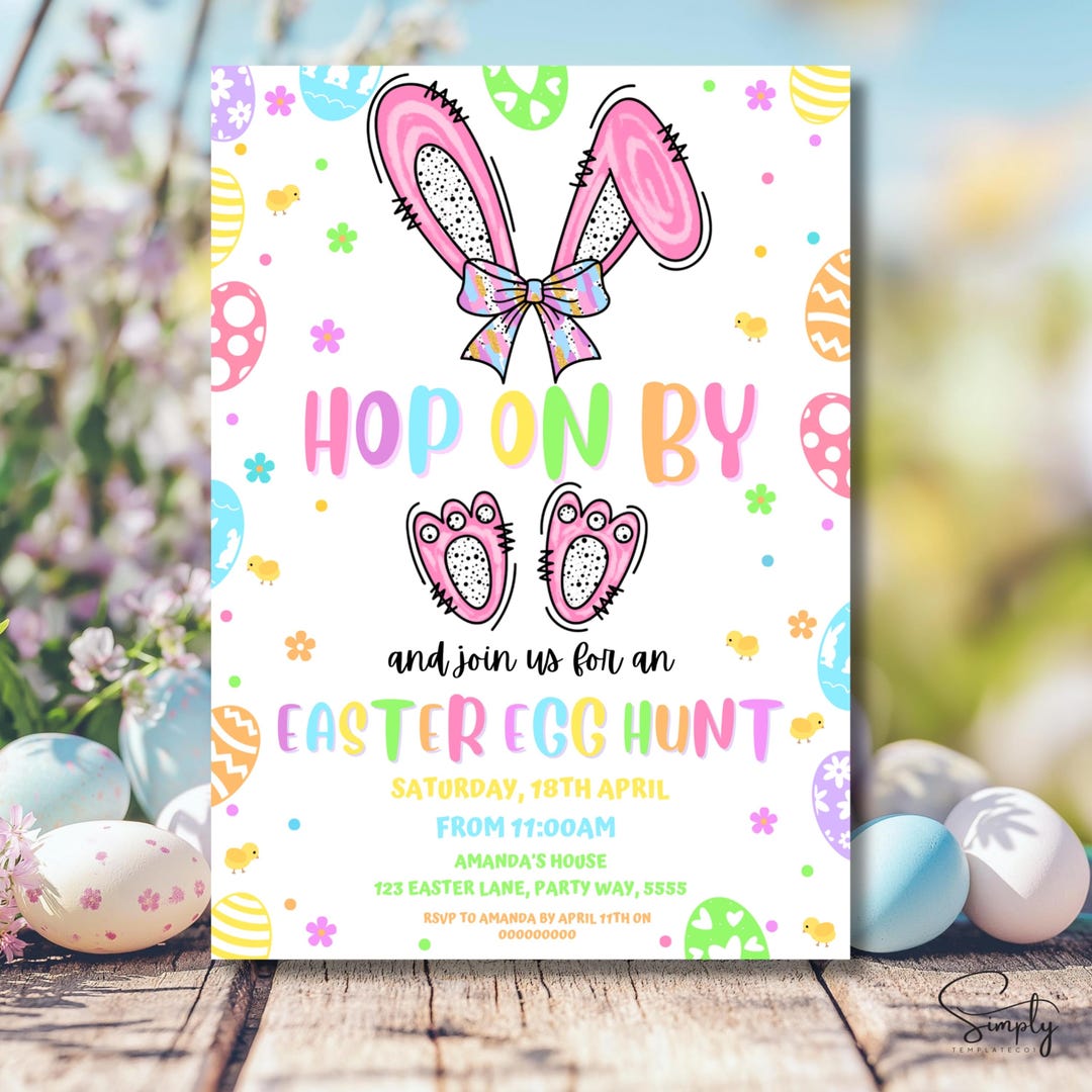 Easter Egg Hunt Invite Template | Hop on by Party Invite | Easter Party ...