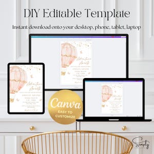 May include: Editable template for a baby shower invitation featuring a pink and gold hot air balloon with butterflies. The text "Adventure Awaits" is in a gold script font. The template is customizable using Canva.
