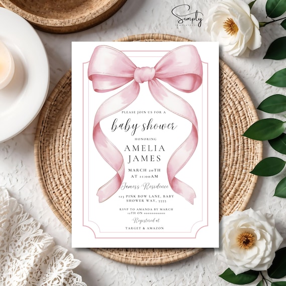 Blush Pink Bow Baby Shower Invitation Editable Elegant Watercolor Coquette Bow Invitation Pink Girl Baby Shower Invite Pink Ribbon Canva