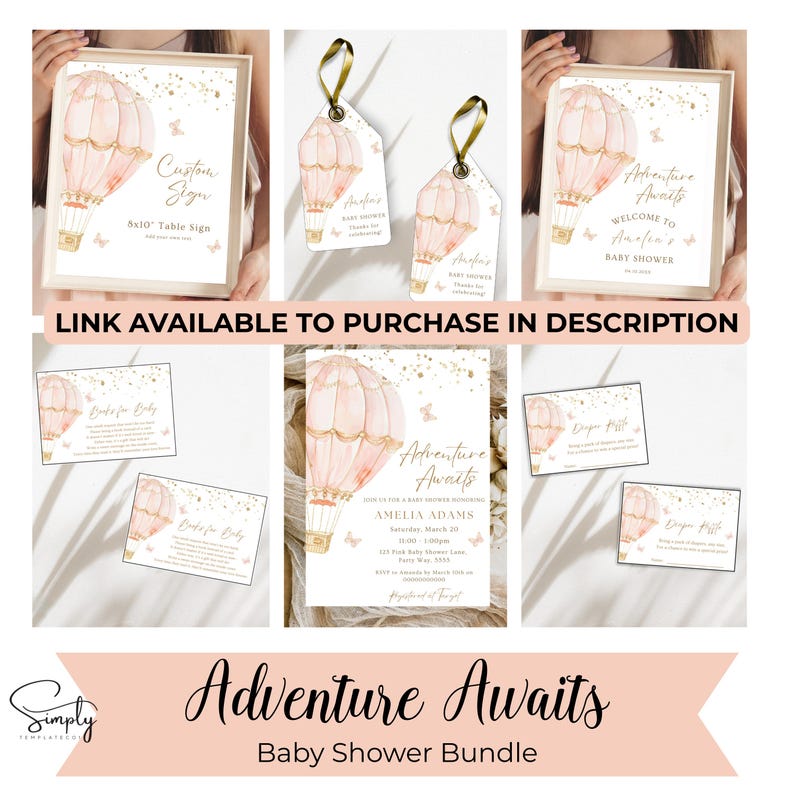 Pink Hot Air Balloon Baby Shower Invitation, Girl Baby Shower Invite, Adventure Awaits, Gold Sparkles, Pink Butterflies, Canva Template image 6