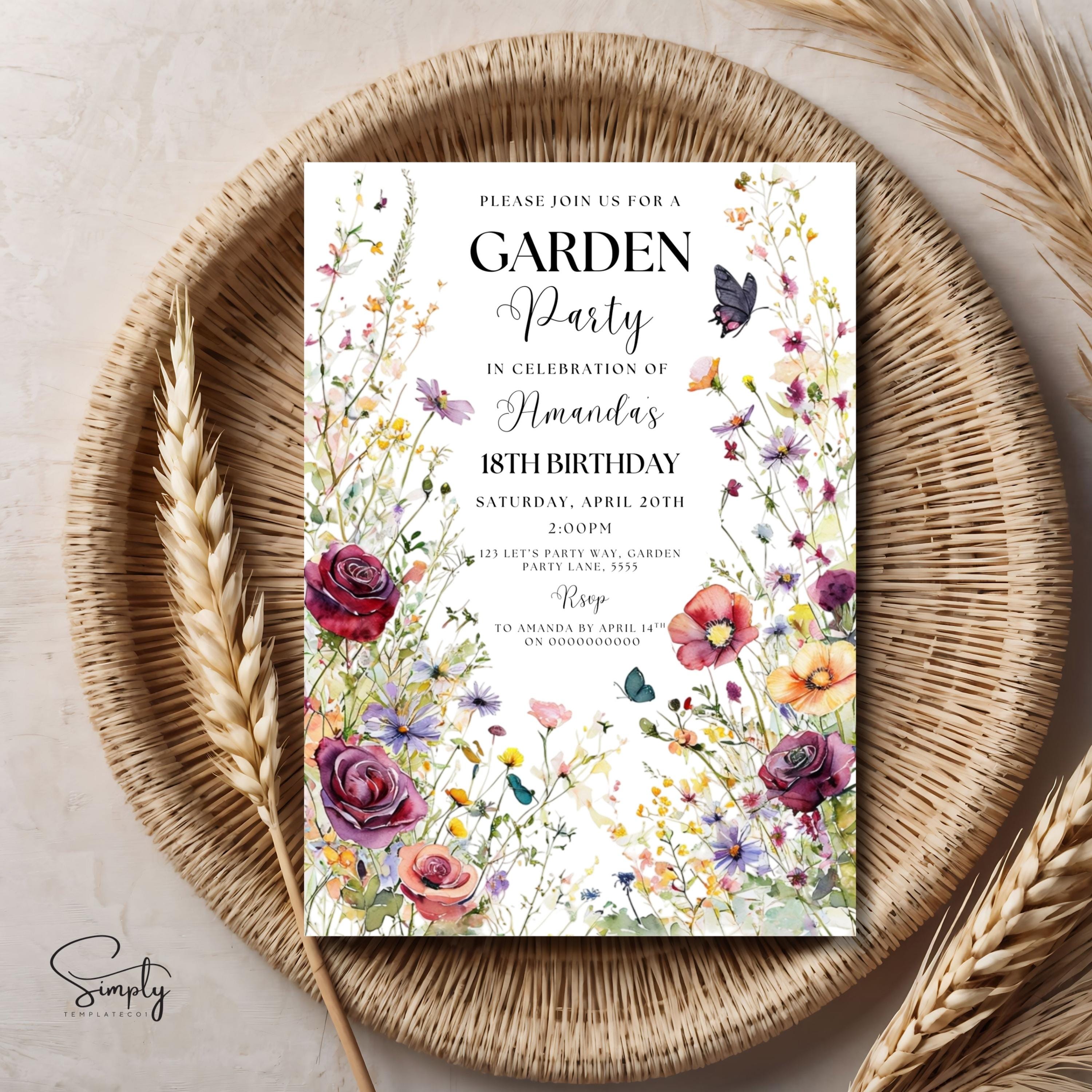 Wildflower Birthday Invitation Garden Party Invite Girl 16th 18th 21st Birthday Floral Spring Flowers Butterfly Editable Canva Template