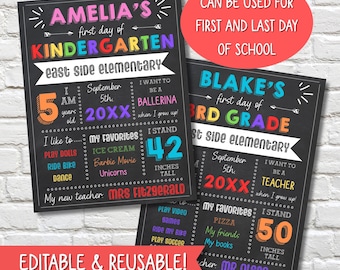 Chalkboard Back to School Sign First Day Last Day School Sign Editable Boy or Girl Printable Back to School Instant Download Poster Canva