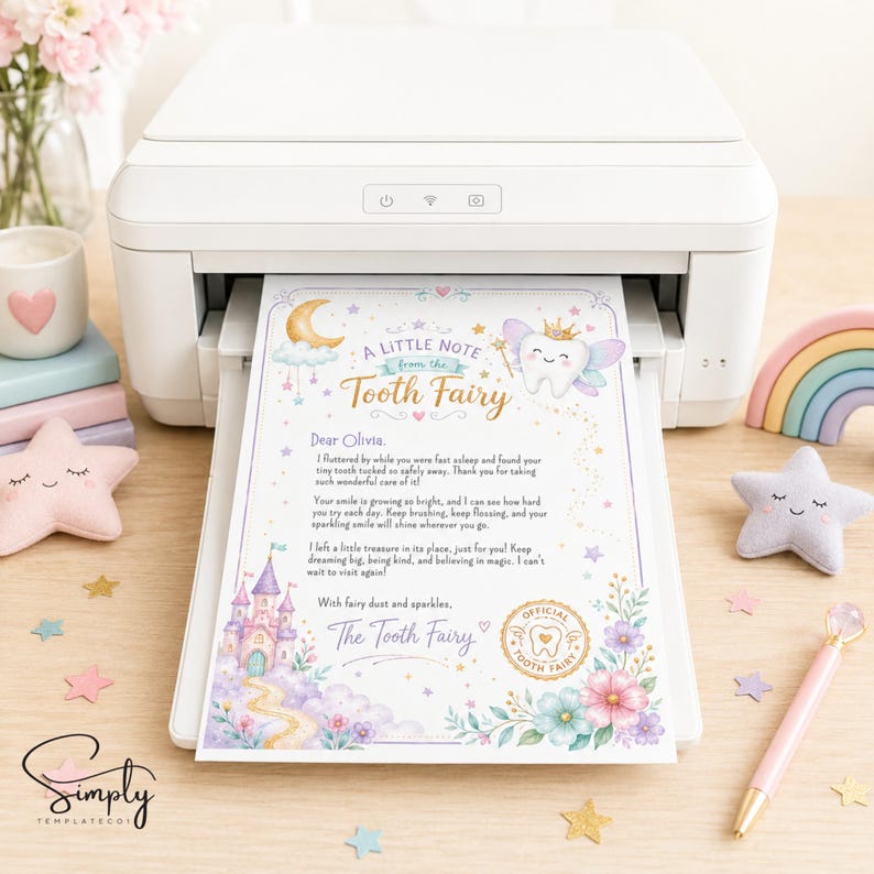 Peut inclure: Une lettre imprim&eacute;e de la Petite Souris sur papier blanc avec une dent ail&eacute;e, un ch&acirc;teau rose, un croissant de lune et des fleurs. Le texte indique A Little Note from the Tooth Fairy, Dear Olivia, et comporte un sceau dor&eacute;.
