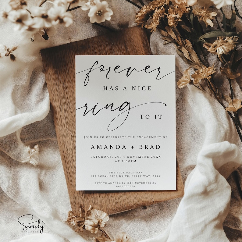 May include: A white card with black text announcing an engagement party for Amanda and Brad. The text reads "forever has a nice ring to it". The party is on Saturday, November 20th at 7:00 PM at The Blue Palm Bar, 113 Ocean Side Drive, Party Way, 5555. RSVP by November 12th to Amanda at 0000000000.