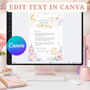 Peut inclure: Un mod&egrave;le num&eacute;rique de lettre de la Petite Souris affich&eacute; sur un &eacute;cran d'ordinateur. Le design pr&eacute;sente une dent souriante avec des ailes, un croissant de lune, un ch&acirc;teau et des motifs floraux. Le texte indique A LITTLE NOTE from the Tooth Fairy.