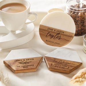 Custom Coaster,  Custom Wedding Gift, New Home Gift, Housewarming Gifts, Personalized Gifts for Couple, Marble and Wood Coaster Set