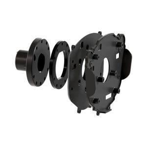 May include: A black mechanical assembly shown in an exploded view, featuring a cylindrical hub with a circular flange, a flat ring spacer, and two contoured mounting plates with multiple screw holes and protruding cylindrical standoffs.
