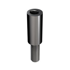 May include: A cylindrical, dark gray metal spacer with a threaded base and a hollow, threaded top. The spacer is designed for mechanical or structural applications, providing a secure connection.